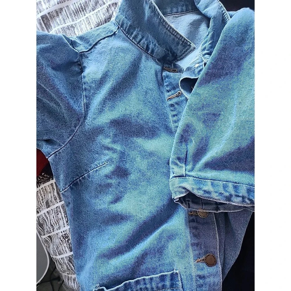 Vtg Velvet Heart 100% Cotton Denim Button Up Dress Puff Sleeve Pockets Y2k  S/M - Picture 13 of 13